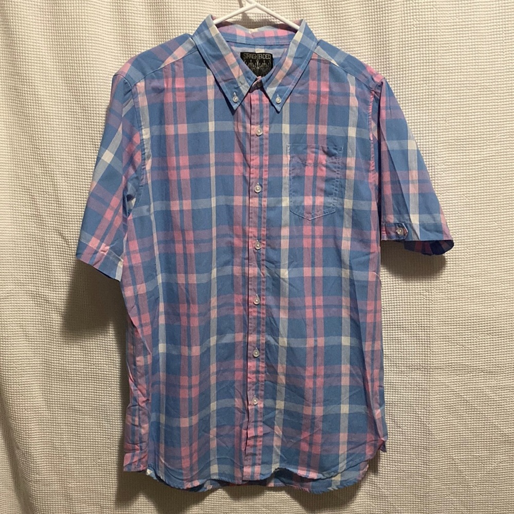 Straightfaded blue and pink short sleeve button down shirt